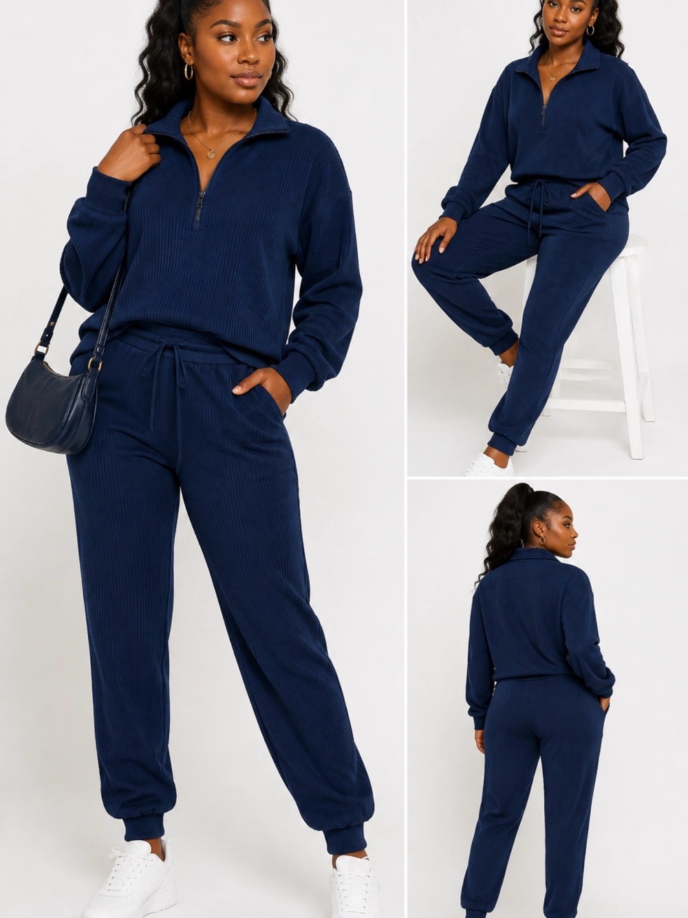 AthLeisure Preppy Prettygarden Relaxed Navy Ribbed Joggers with Drawstring Waist - Picture 2 of 8